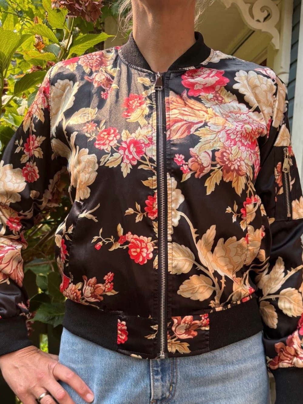 Floral Black Bomber Jacket - Women's Zip-Up